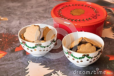 Christmas cookies, brown cookies in a red box and christmas decoration. Stock Photo
