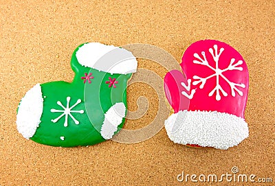 Christmas cookies; green sock and red gloves Stock Photo