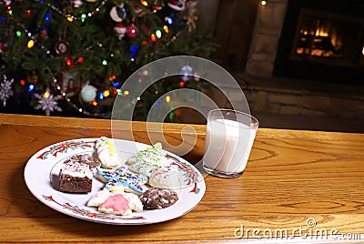 Christmas Cookies and Milk Fireplace Tree Stock Photo
