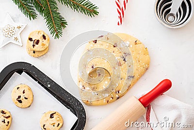 Christmas cookies with nuts and cranberries. Christmas decoration. Top view. Copy space. Stock Photo