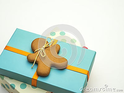 Christmas cookies in wrapped gift box on white background. Christmas baking. Making gingerbread christmas cookies. Christmas conce Stock Photo