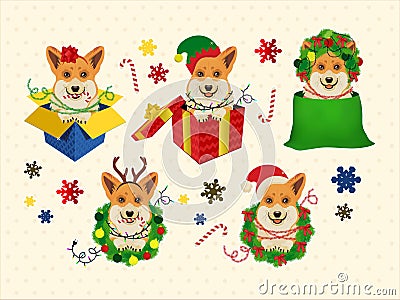 Christmas Corgi Heads with Deer Antlers, Christmas decorations with Santa and Elf Hats, Gift Boxes and Wreath. Vector Vector Illustration