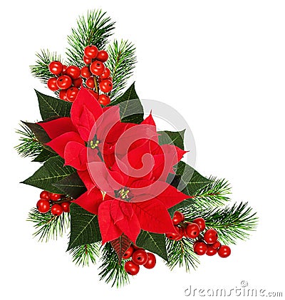 Christmas corner arrangement with pine twigs, red berries and poinsettia flowers Stock Photo