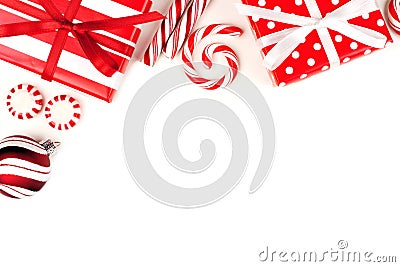 Christmas corner border of red and white gifts and candies Stock Photo