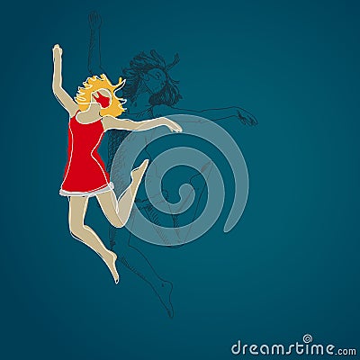 Christmas at coronavirus pandemic people celebration, Jumping dancing girl in medical face mask, red dress on blue background, Vec Vector Illustration