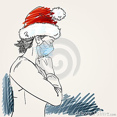Christmas and Coronavirus people new normal. Sketch of woman in medical face mask, santa hat praying Vector Illustration