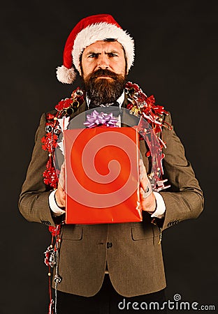 Christmas corporate party concept. Manager with beard Stock Photo