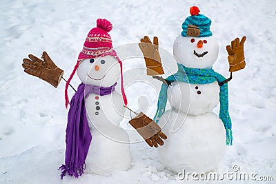 Christmas corporate party. Group of snowman celebrating new year. Passion dating and love. Portrait snowman in love Stock Photo