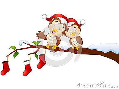 Christmas couple owls on the tree branch with christmas socks Vector Illustration