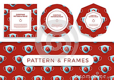 Christmas covid Seamless pattern and frame set vector illustration. Virus protection and Merry Christmas concept. Vector of New Vector Illustration