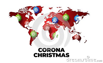 Christmas covid world map. Xmas ball bauble with coronavirus on word map. Vector illustration Vector Illustration
