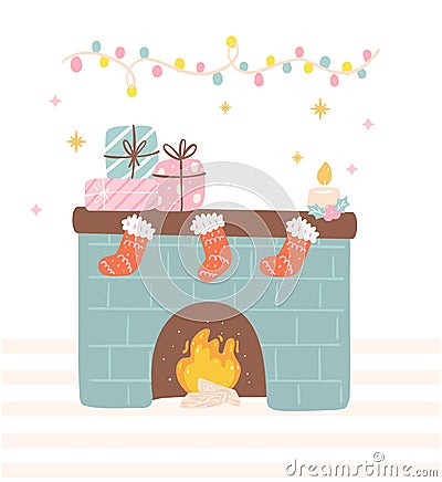 Christmas cozy fireplace with stocking and gift boxes Vector Illustration