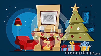 Christmas cozy room with tree and gift boxes. Vector Illustration