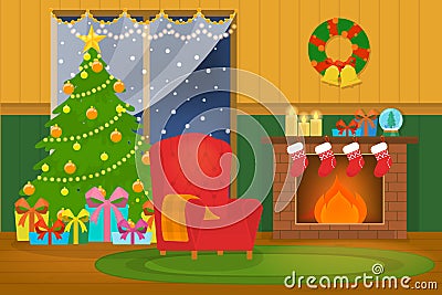 Christmas cozy room with tree and gift boxes. Vector Illustration