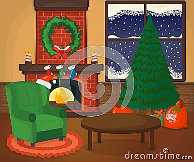 Christmas Cozy Room with Xmas Tree, Fireplace, Armchair, Gift Icon Concept. Apartment Symbol, Logo and Badge. Cartoon Vector Vector Illustration