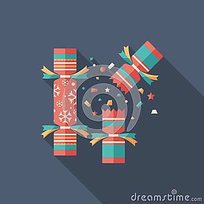 Christmas cracker flat square icon with long shadows. Vector Illustration