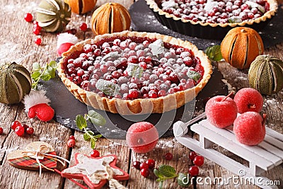 Christmas cranberry cake with icing sugar and festive decoration Stock Photo