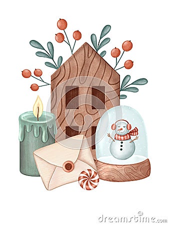 Christmas crayon cute composition with house, snow globe for greeting card, poster, print Cartoon Illustration