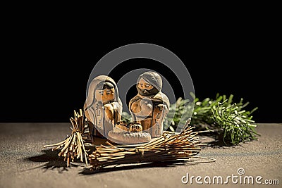 Christmas Crib. Figures of Baby Jesus, Virgin Mary and St. Joseph Stock Photo