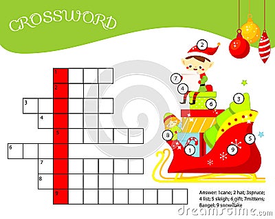 Christmas crossword for kids and toddlers. Educational game for children. Vector Illustration