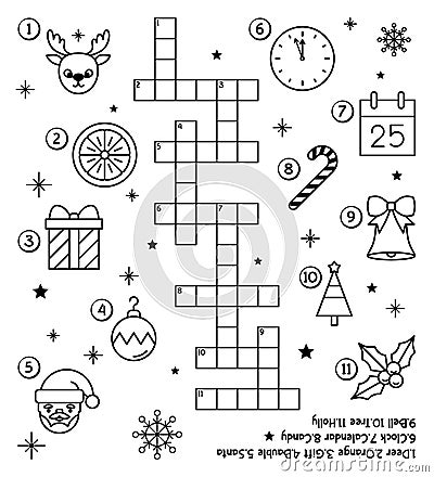 Christmas crossword puzzle for kids with Santa Claus, deer, bell, holly, candy cane, gift box, clock, orange. Line art Vector Illustration