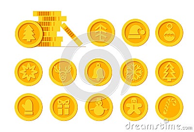 Christmas Cryptocurrency logo set - Santa Claus hat, bell, gingerbread man, ball, deer, snowman, gift, mitten. Golden Vector Illustration