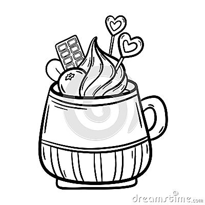 Christmas cup with Hot chocolate or coffee with whipped cream and waffle rolls. Vector illustrations in cartoon style Vector Illustration