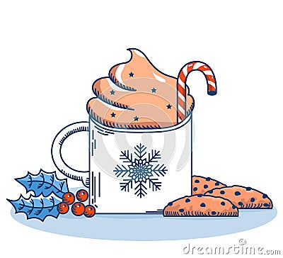 Christmas cup of Whipped coffee milk and sweet chocolate chip cookies. Vector blue winter Chriistmas card with red holly berry on Vector Illustration