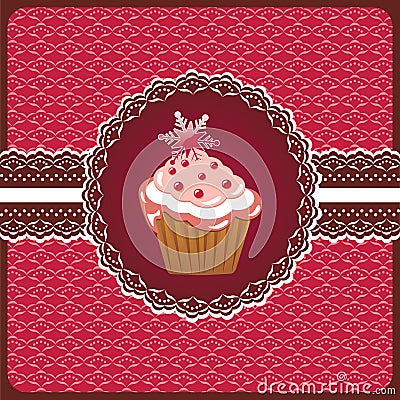 Christmas cupcake on the doily. Vector Illustration