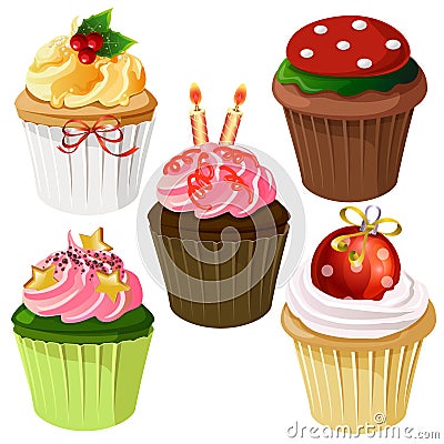 Colorful christmas cupcakes icon set Vector Illustration