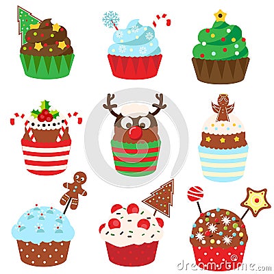 Christmas cupcakes. Sweet bakery. New Year food. Vetor icons Vector Illustration