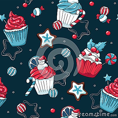 Christmas cupcakes and sweets vector seamless pattern. Hand drawn cupcakes and candies on dark blue background with Vector Illustration