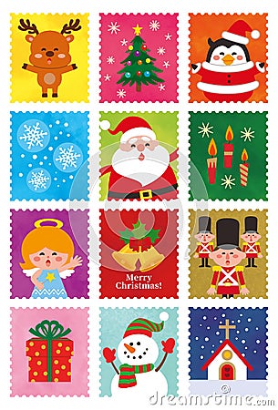 Christmas cute character stamp set.Cartoon character. Vector Illustration