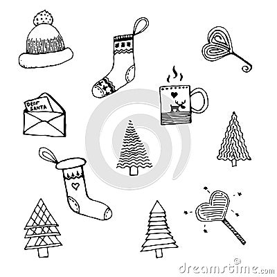 Christmas cute doodle set with Christmas trees, socks, cups, sweets, warm hat, letters Santa. Vector Illustration