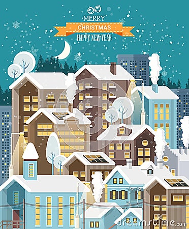 Christmas cute snow night town with city roads, cars and cute houses. Happy New Year vector template in modern flat design. Vector Illustration