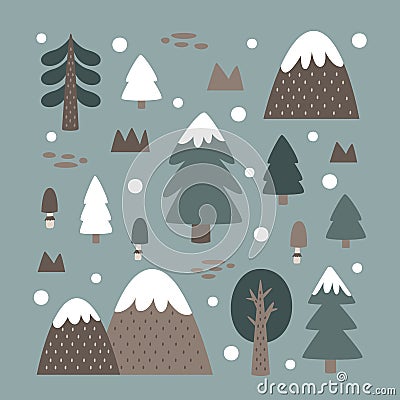 Christmas cute winter forest vector clipart set with Christmas trees, stones, mountains, plants, mushrooms, bushes in Vector Illustration