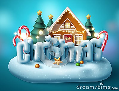 Christmas 3d text vector concept design. Merry christmas typography in island village Vector Illustration