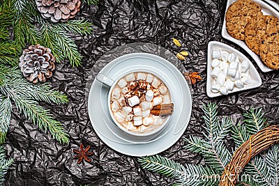 Christmas dark background. Winter cocoa with marshmallows and cookies in christmas decorations Stock Photo