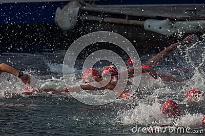 CHRISTMAS DAY HARBOUR SWIM 2015, BARCELONA, Port Vell - 25th December: swimmers race on 200 meters distance Editorial Stock Photo