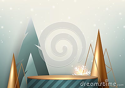 Christmas day product display concept. Stage podium with tree shape, snowflake. Vector Illustration