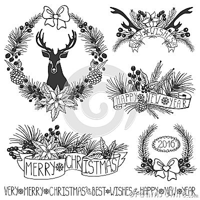 Christmas decor.Branches,puansetiya,ribbons.Black Vector Illustration