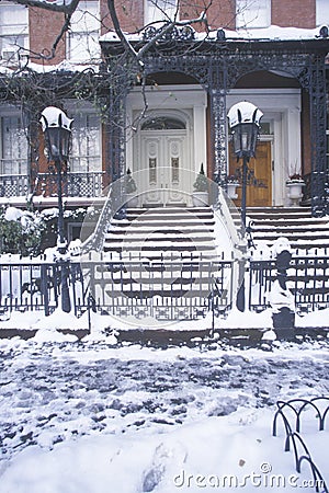 Christmas decor on historic home of Gramercy Park after winter snowstorm in Manhattan, NY Stock Photo