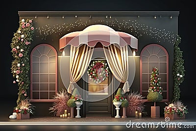 Christmas decorated entrance with awning and gift boxes. Generative AI Stock Photo
