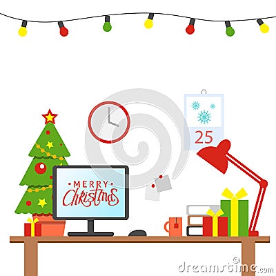 A Christmas decorated office workplace. Table with computer, gifts, christmas tree. Office workspace. F Vector Illustration