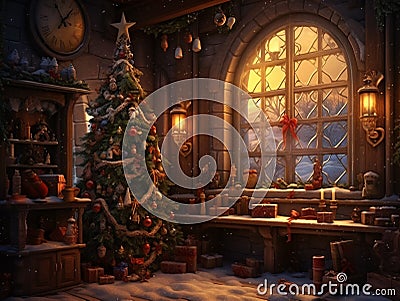 A Christmas-decorated room with a Christmas tree waiting for the arrival of Santa Claus Stock Photo