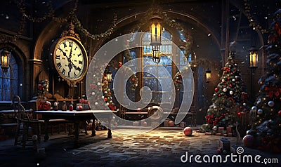 A Christmas-decorated room with a Christmas tree waiting for the arrival of Santa Claus Stock Photo