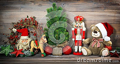 Christmas decoration with antique toys teddy bear Stock Photo