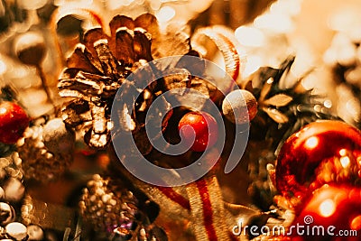 Christmas decoration with balls and pine cones Stock Photo