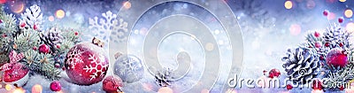 Christmas Decoration Banner - Snowy Ornament With Pinecones Stock Photo