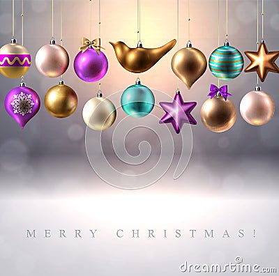 Christmas decoration, baubles, balls, bird and star Vector Illustration